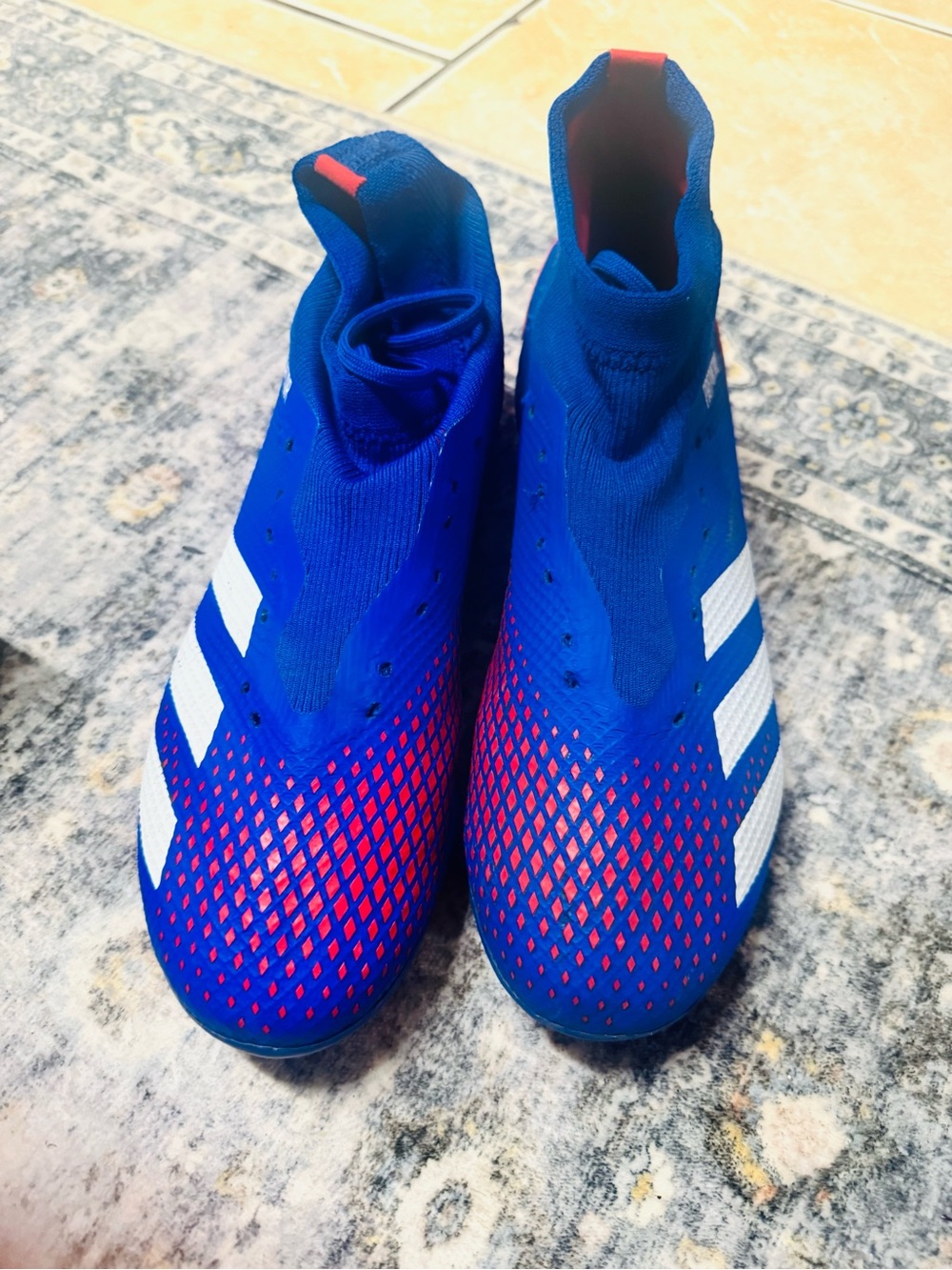 adidas Predator Royal Blue High-Top cleats with White Stripes and Red